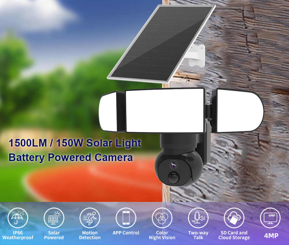 4MP WiFi Solar Security Camera Siren Alarm 6500K Floodlight 3M Cable 2K
