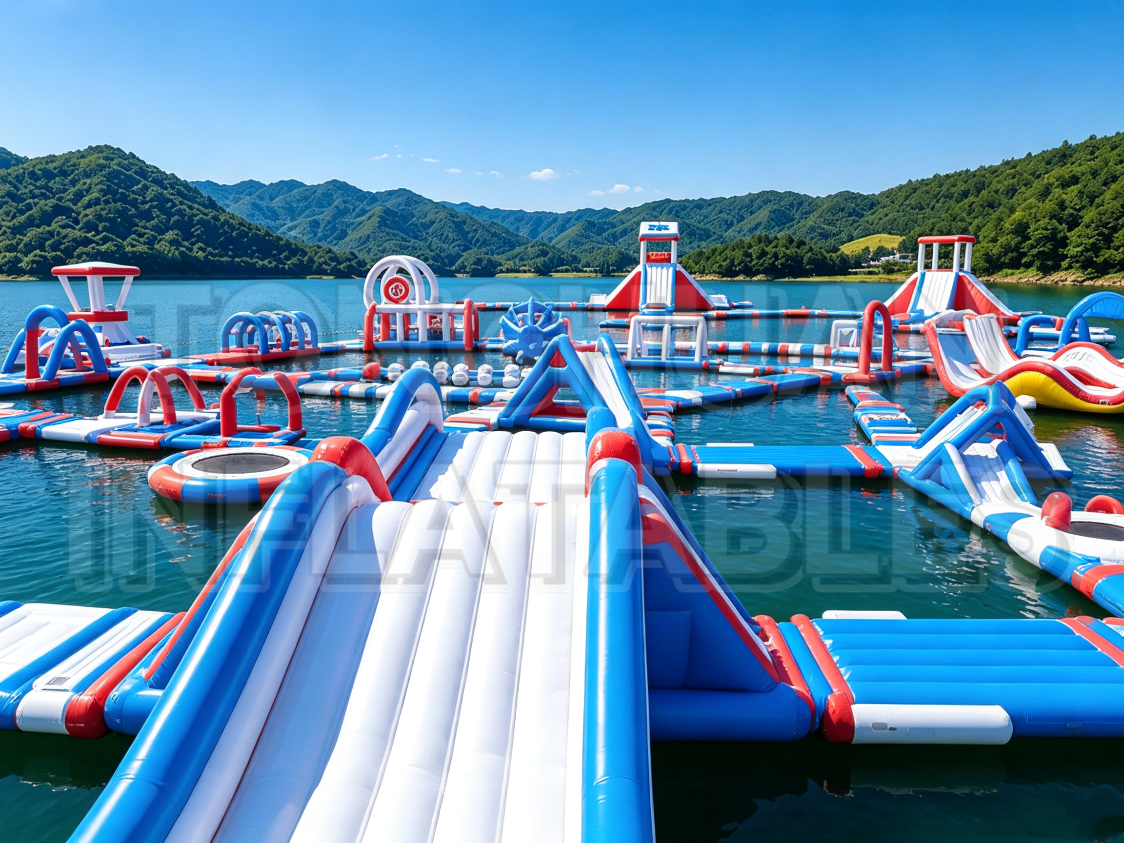 Custom Modular Inflatable Water Park with Floating Walkways Slides Trampolines and Balance Obstacles for Lakes Resorts Beaches and Commercial