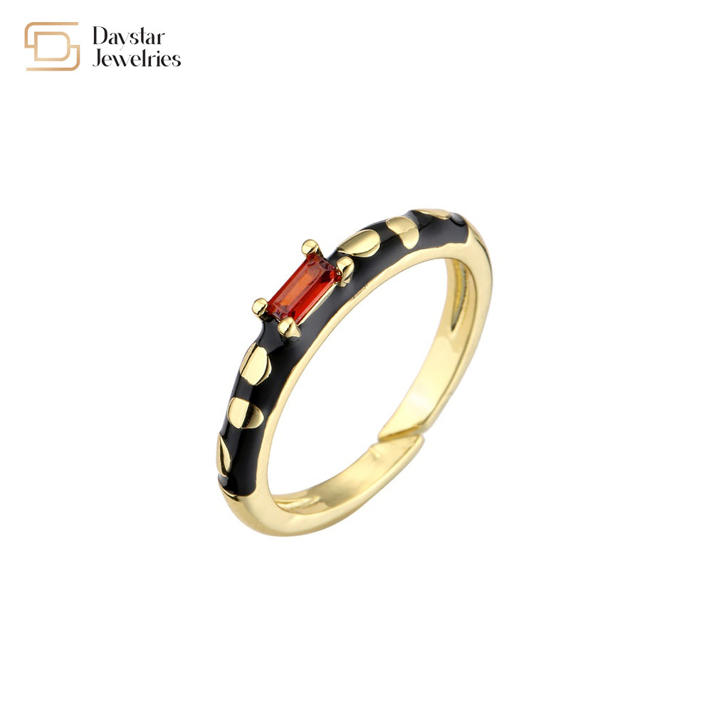 Adjustable Open Black Enamel Rings , Gold Plated Baguette Diamond Rings