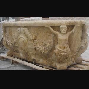 China Hotel Deocration Beige travertine bathtub with figure statue carving for bathroom,china sculpture supplier wholesale