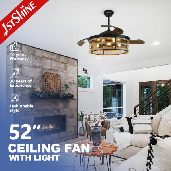52" Rustic invisible Ceiling Fan With Light Folding Blade 6 Speeds Dc Motor Cage
