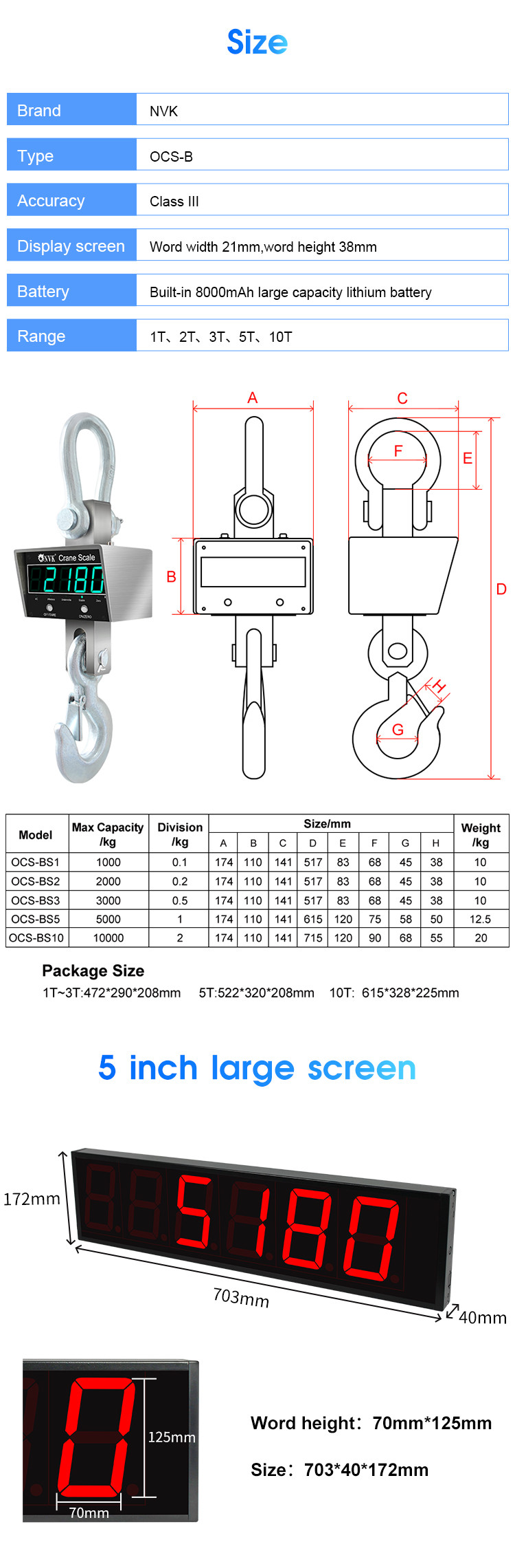 1/2/3/5/10T Industrial Remote Stainless Steel Crane Scale Hook hanging Weighing Scale