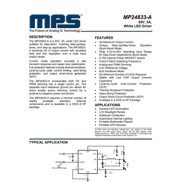 MP24833-AGN-Z LED Driver IC 1 Output DC DC Regulator Step-Down (Buck), Step-Up (Boost) Analog, PWM Dimming 3A 8-SOIC-E
