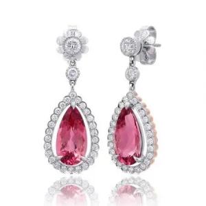 China S925 Yellow Gold Plated Natural Pear Shaped Pink Tourmaline Earrings Halo CZ on sale