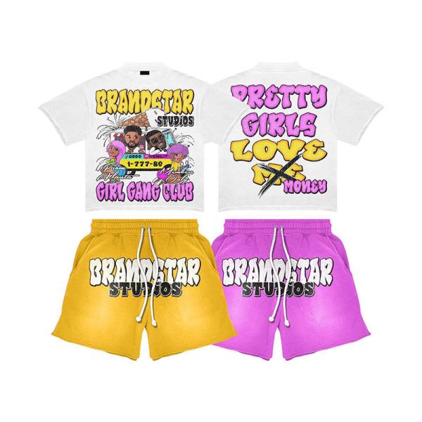 Custom Acid Wash Vintage Short Set Cropped Boxy T Shirts Cotton Streetwear