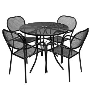 China Outdoor Bistro Cafe Garden Courtyard Patio Metal Iron Round Tables And Chair Set with Umbrella Hole in Modern Design wholesale