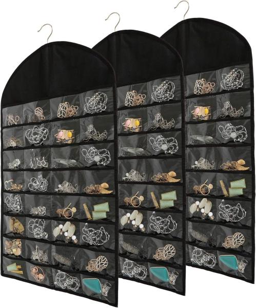 FORAINEAM 3 PACK HANGING JEWELRY ORGANIZER 32 POCKETS 18 HOOK AND LOOPS NECKLACE