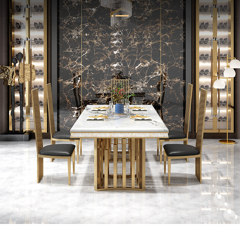 Marble Effect Dining Table And Chairs 200cm Contemporary Stainless Steel Dining Chairs