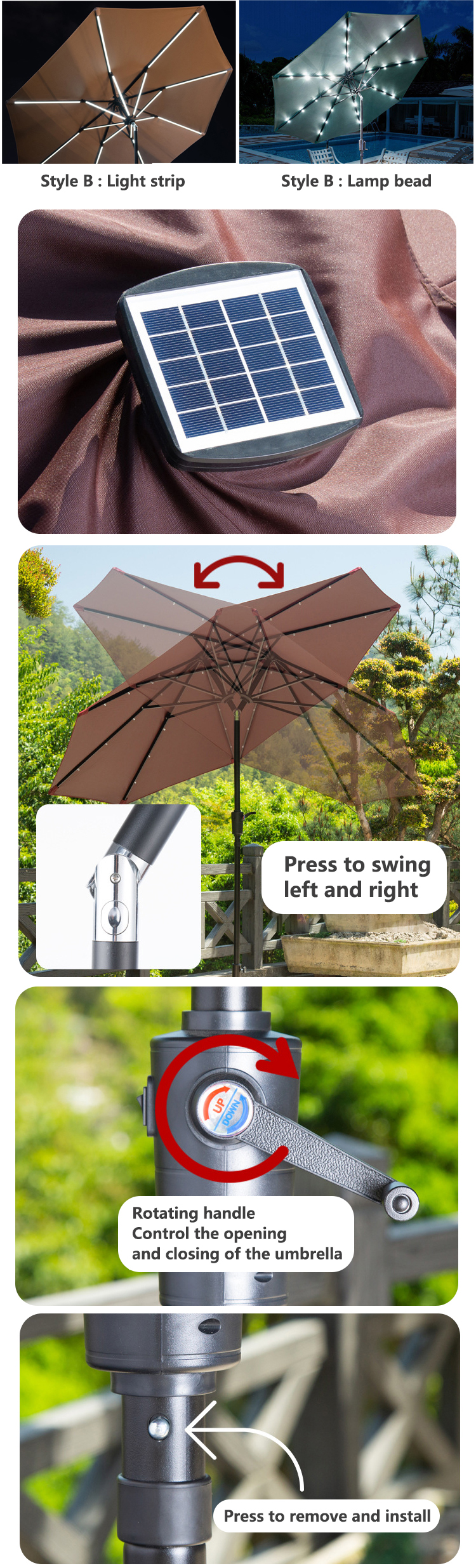 Outdoor Cafe Patio Beach Parasol with Solar LED Lights and Aluminium Centre Pole