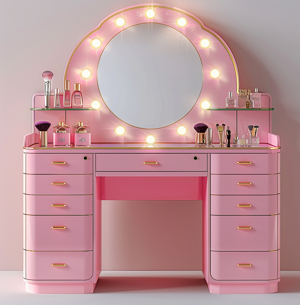 Bedroom Makeup Sets LED Lighted Mirror Vanity Table With Drawers And Storage Shelves Adjustable In Pink