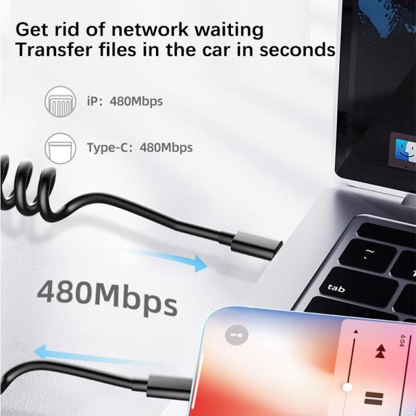 Spring Wire Black Color 3A Multi Function C To C To L Charging Cable TPU High Speed Data Transfer Cable