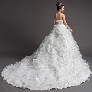 China Small Strapless White Ruched Wedding Dresses Long Chapel Train Sleeveless Wedding Dresses wholesale