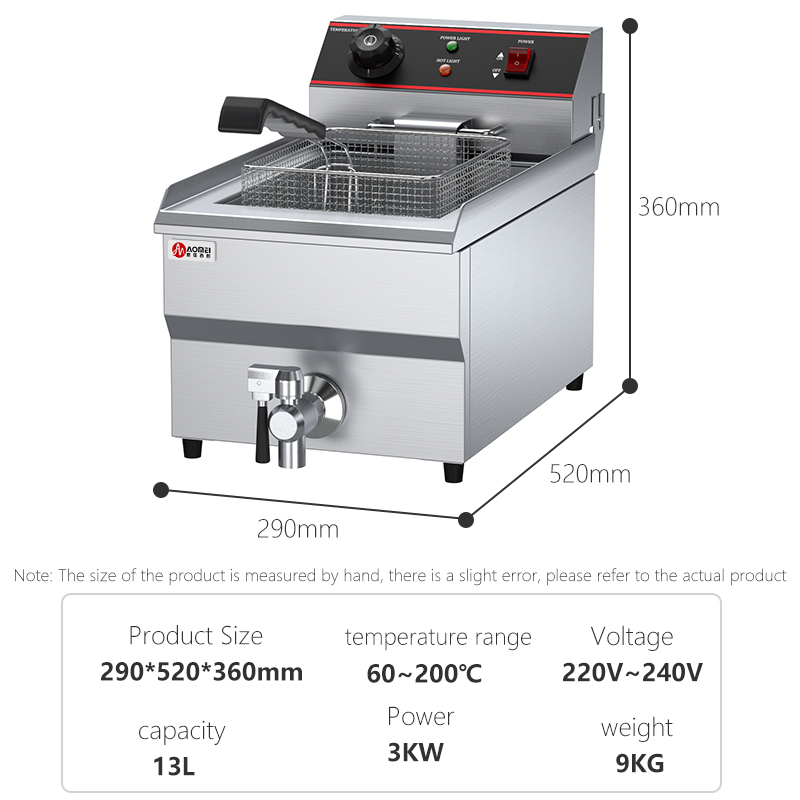 Commercial Catering 131v Electric Deep Fryer with Oil Valve and 290x520x360mm Size