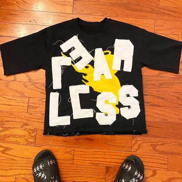 Applique Letter Embroidered Black Streetwear Graphic Tees Distressed Vintage T