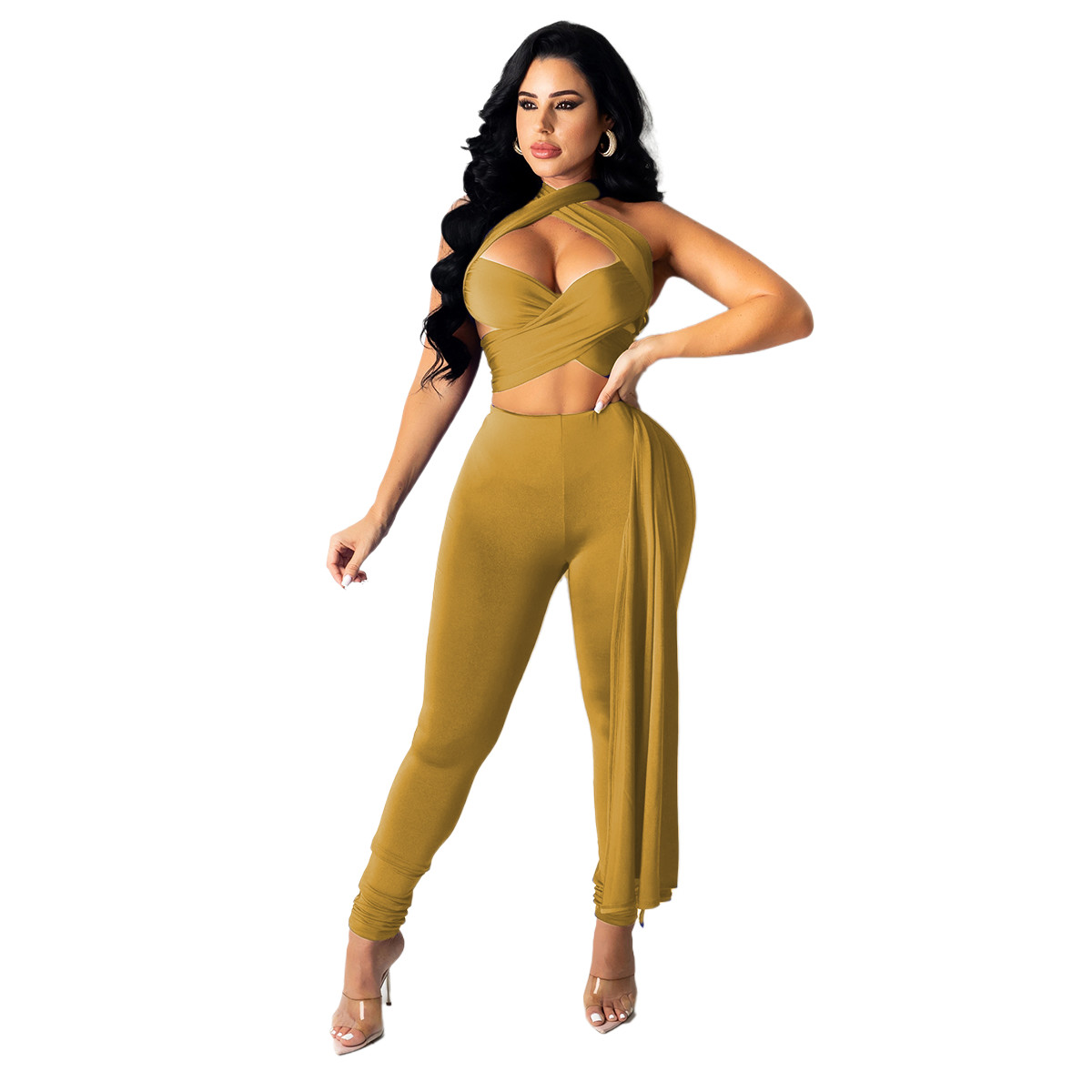 Belted And Crossed With Hollowed-Out Neck Lanyard Pant Suit Ladies