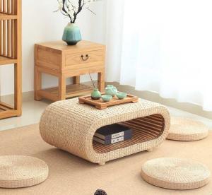 China The Cane Makes Up Tea Table Natural Straw Woven Floor Table wholesale