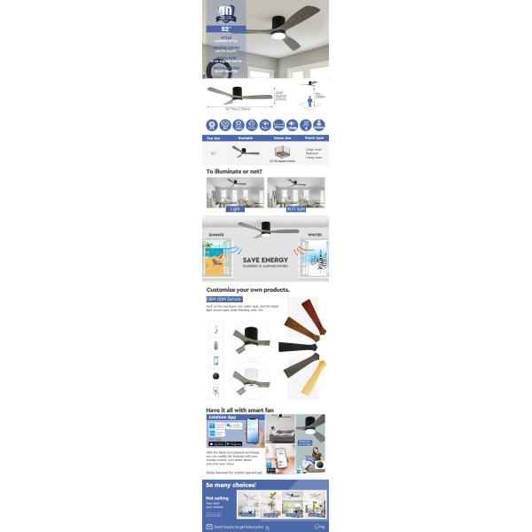 Low Noise 35W Decorative Saving Space Flush Mount Ceiling Fan With LED Light