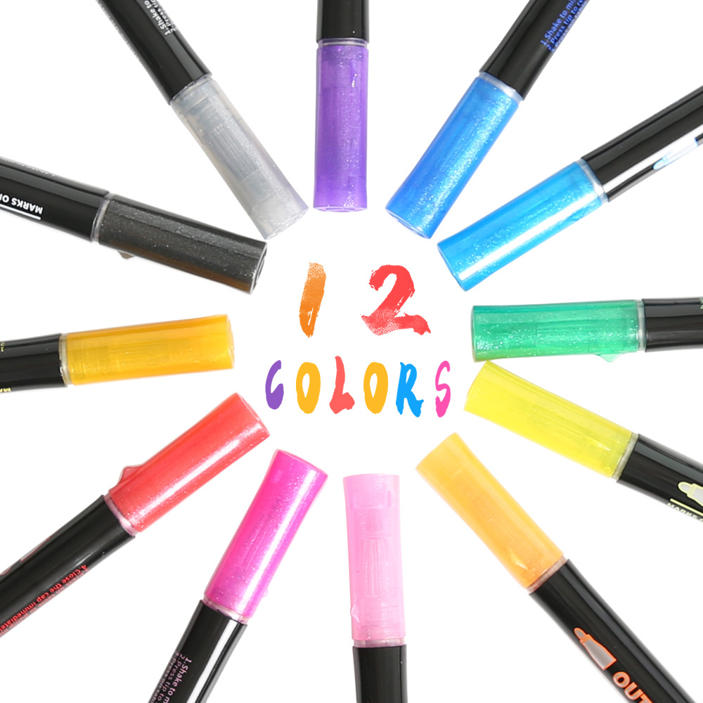 12-Color Outline Double Line Permanent Ink Marker Pens for Erasable Writing