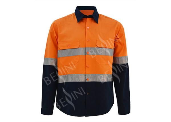 Men's 100%Cotton Twill Two Tone Orange/Navy Work Shirt Long Sleeve Mesh Back