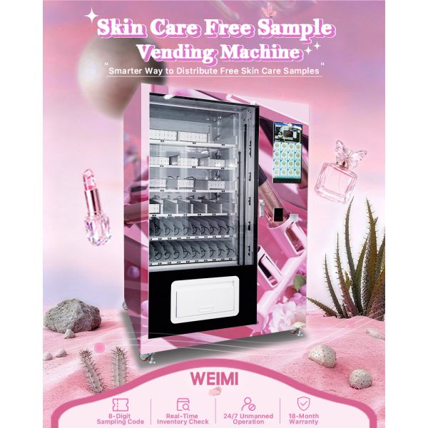 Front view of cosmetics vending machine with product display
