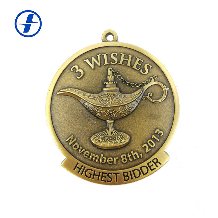 Antique Gold Brass Custom Sports Medals And Ribbons , 3D Metal Plating Custom Race Medals