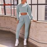 250gsm Ribbed 2 Piece Set Round Neckline Long Sleeve Crop Top And Cuffed Joggers