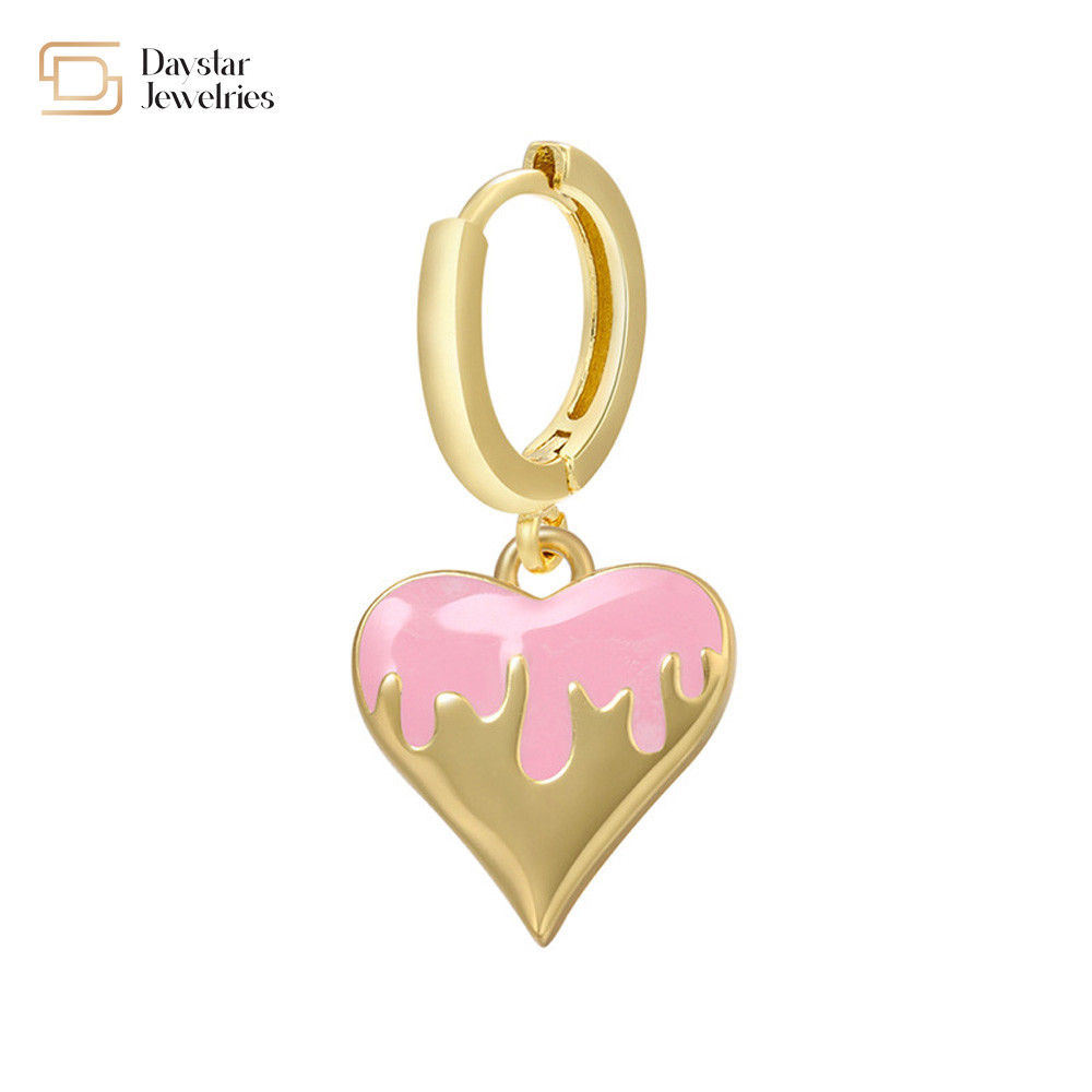 Women 14k Gold Plated Drop Earrings , Colorful Enamel Heart Pendant Hoop Earrings