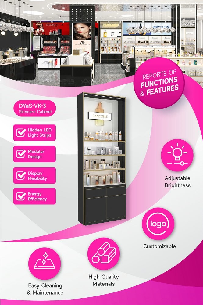 DYaS-VK-3 Skincare Display Cabinet with 40mm Acrylic Lightbox and Gold Edging