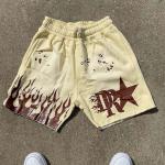 Blue Black Acid Wash Shorts Yellow Drawstring Closure Graphic Print Cotton