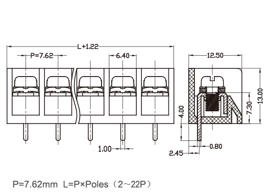 Right Angle Barrier Type Terminal Block Brass PBT 7.62mm 300v 15A