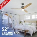 52 Inch Bldc Remote LED Ceiling Fan 3 Natural Solid Wood Blades