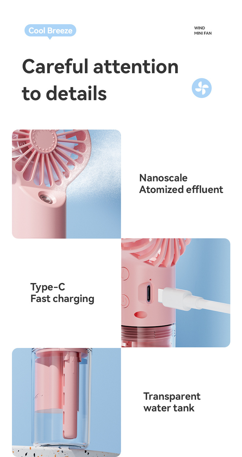 4 Speed Setting Handheld Fan with Humidifying Spray Mode USB Charging and 18650 Battery