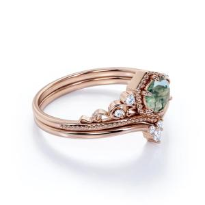 China Filigree Chevron Tiara 0.6 carat Round Cut Moss Green Agate and CZ Wedding Ring Set in Rose Gold wholesale
