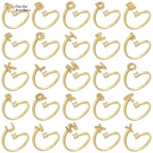 China Open Adjustable 18k Gold Plated Diamond Letter Rings Zircon A-Z Alphabet Statement wholesale