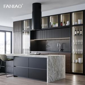 China Modern Simple Design Glass Door Kitchen Furniture Popular Luxury Wood Grain Kitchen Cabinets For Villa wholesale