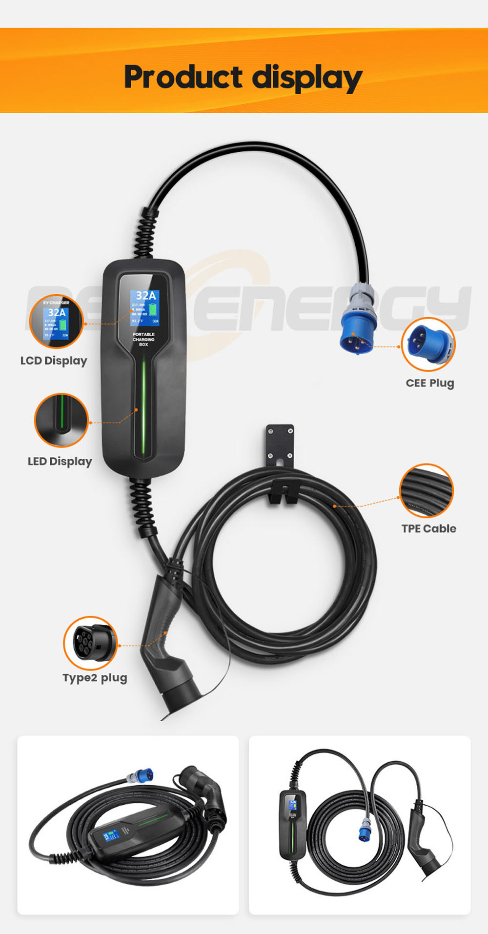 Electric Vehicle Car Charger EV Type 2 7KW Current 32A Portable CEE Plug 220V