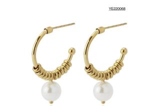 China Everyday Wear Pearl Hoop Earrings 25mm Stainless Steel Drop Earrings wholesale