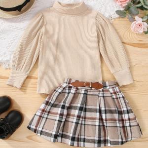 China Children'S Outfit Sets Girls Plaid Skirt Suit Mid-High Collar Pullover Skirt Suit on sale