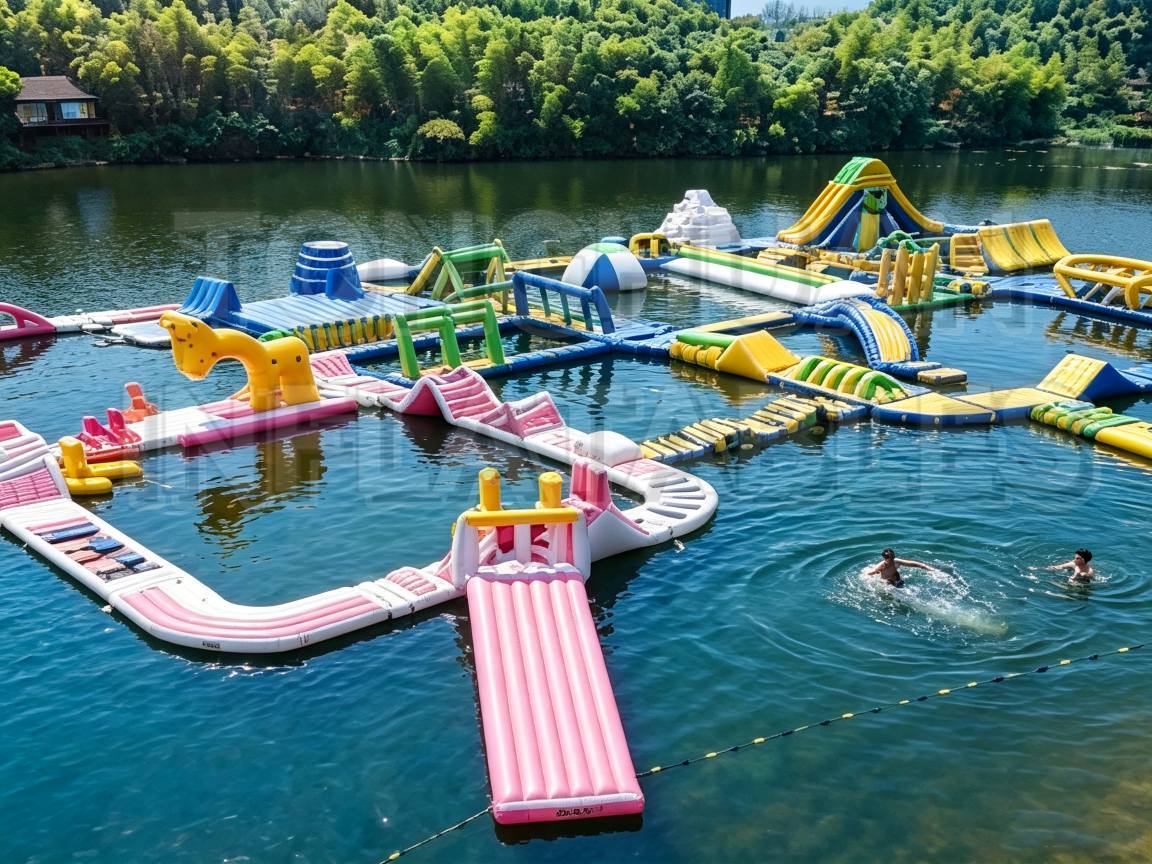 Custom Modular Inflatable Water Park with Colorful Slides Climbing Walls Balance Bridges and Floating Activity Zones for Lakes Resorts Camps and
