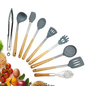 China Nonstick Silicone Kitchen Utensils Set Hard Wood Handle Turner Tongs Spatula wholesale