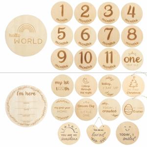 China Wood Customize Baby Monthly Milestone Card Wooden Double Sided Laser Engrave Discs Craft Cards with Drawstring Bag wholesale
