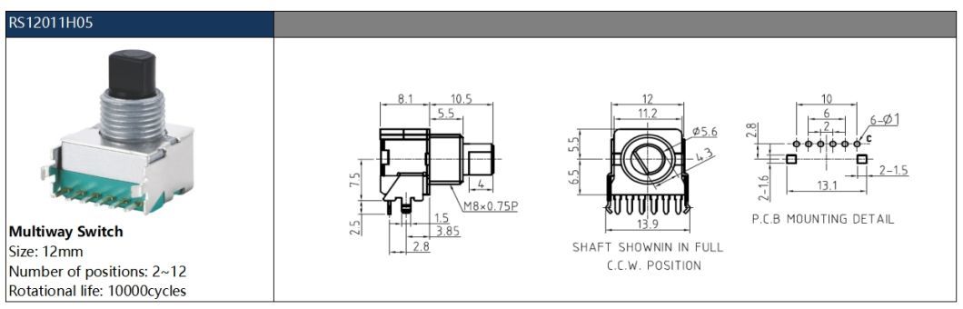Multiway Switch Rotary Route Switch 12mm 2-12positions Switch