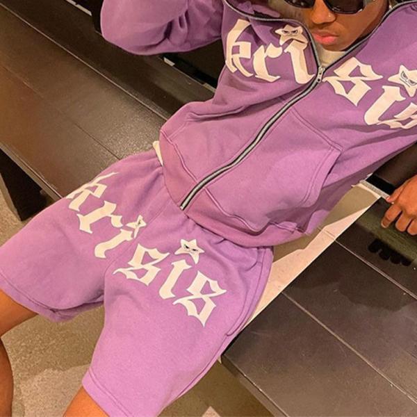 Cool Colourful Tracksuit Combat Distressed Embroidery Patchwork Hoodie Shorts