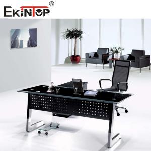 China Black Office Glass Desk with Drawers Metal Feet for Home and Business Use wholesale