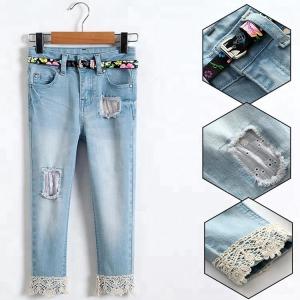 China Light Blue Slim Fit Girls Adjustable Waist Jeans Pant With Lace On Hem wholesale