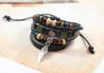 Flower wing charm black leather multi strands bracelets for men and women