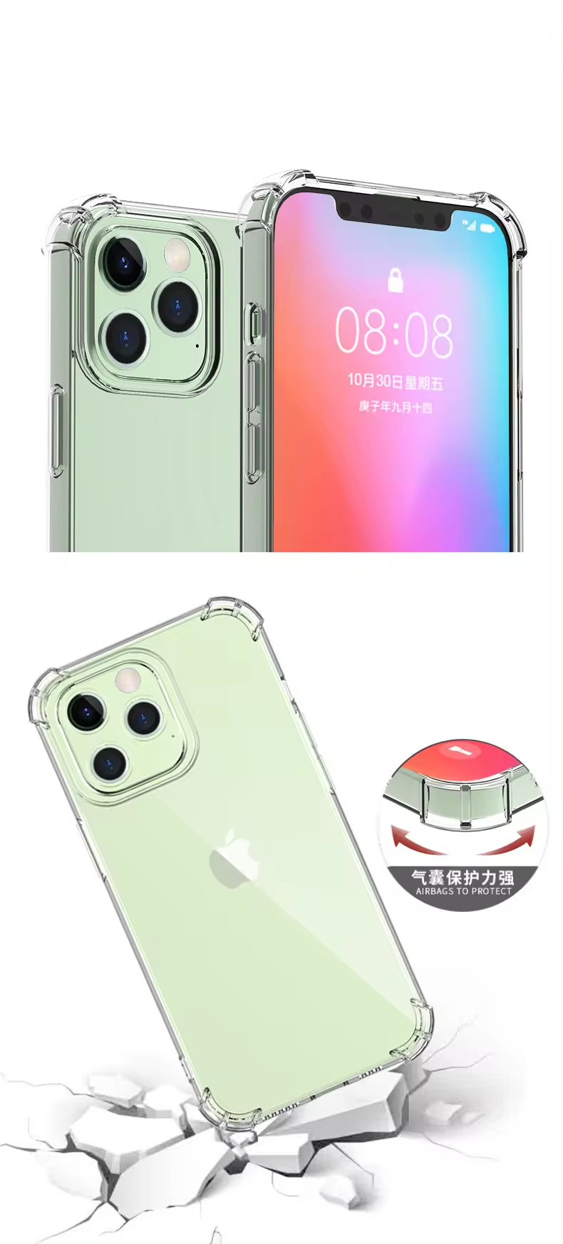 Transparent TPU Clear Cell Phone Case for iPhone 14 15 16 Pro Max Waterproof and Fashion Element Solid Color