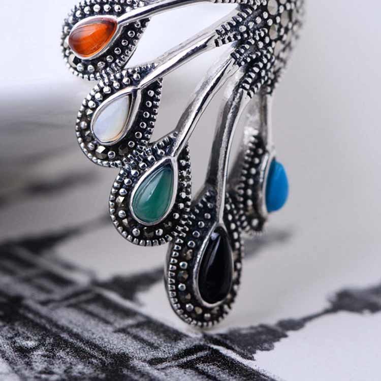 Vintage Open Adjustable Thai 925 Silver Multicoloured Gemstone Marcasite Ring(059070)