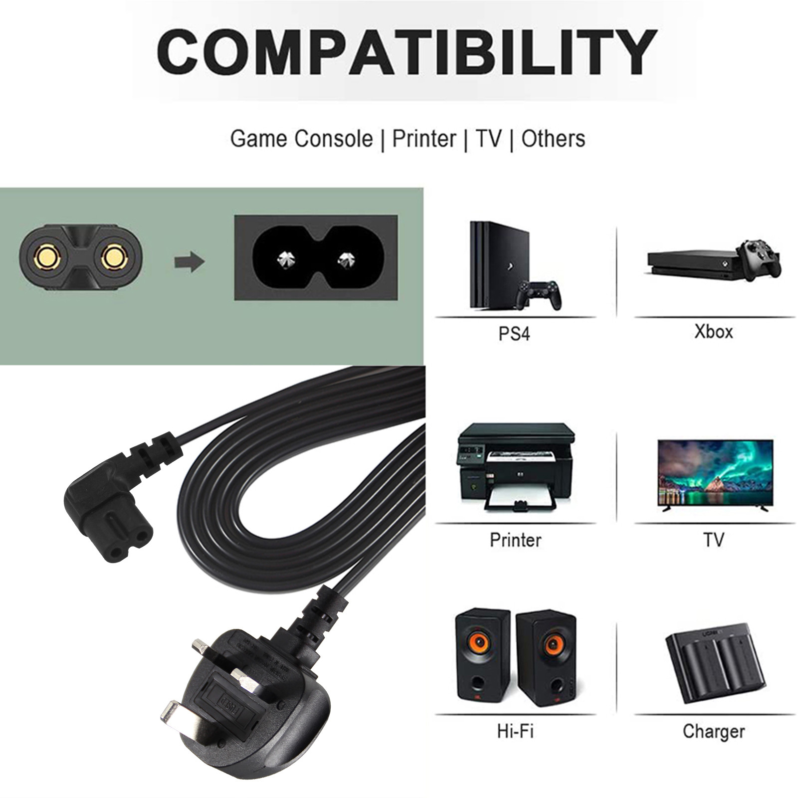 BS Computer AC Cable Right Angle C7 Standard Extension 3 Wire 10A 250V British Power Cord with PVC Jacket and IEC Female End Type