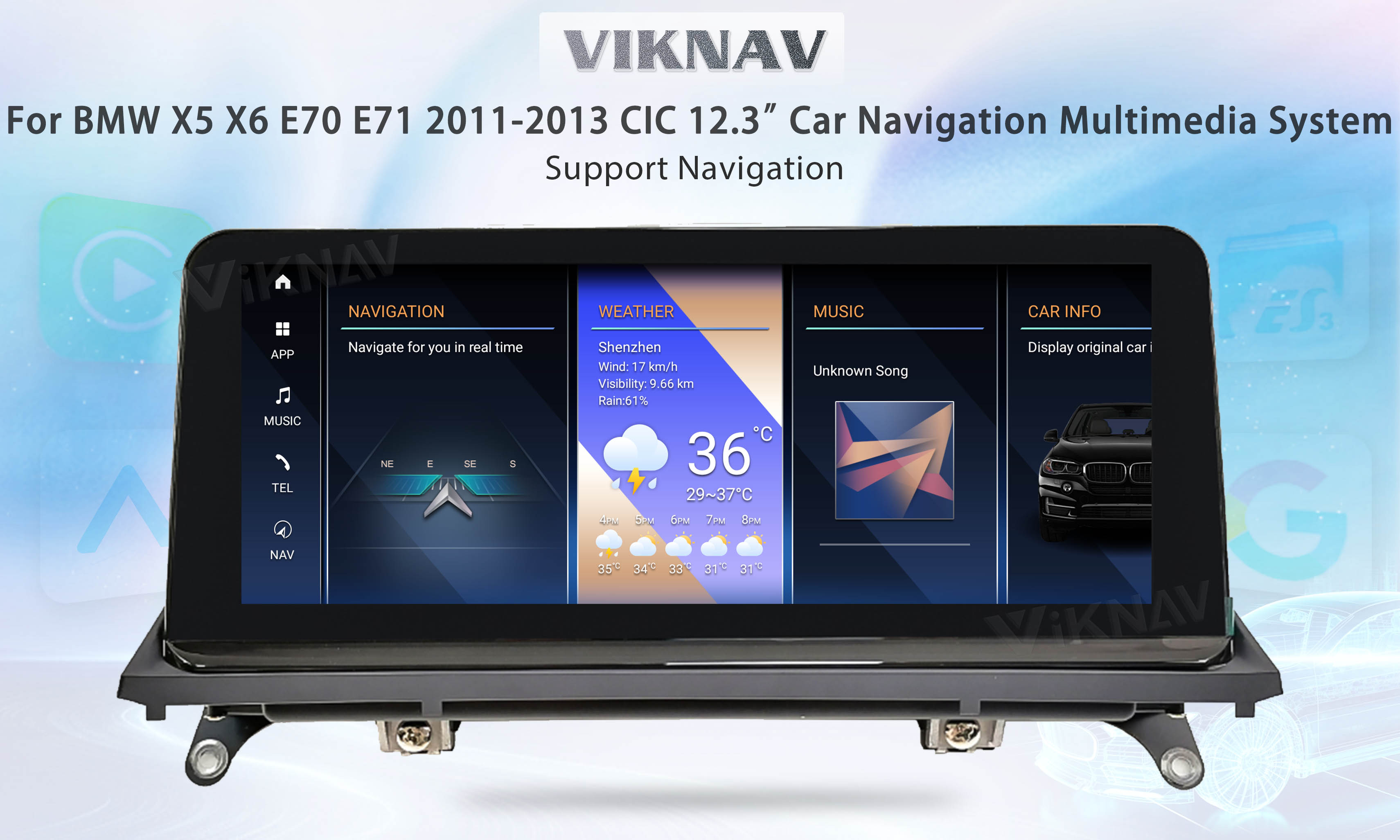 Viknav Car Waterproof Double Din Radio 12.3 Inch GPS System For BMW X5 X6 E70 E71 2011-2013
